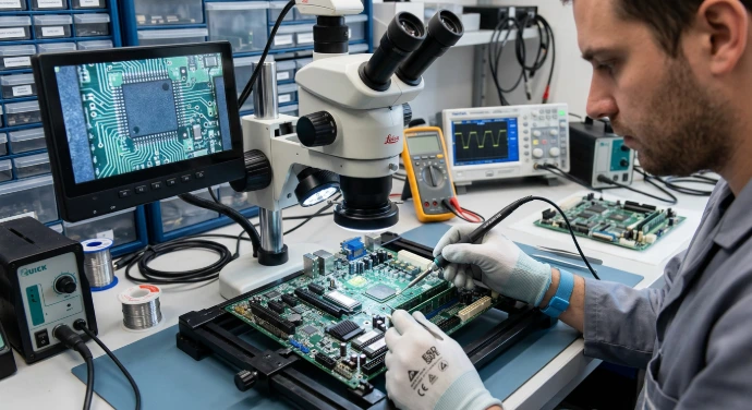 a technitian repairing a motherboard