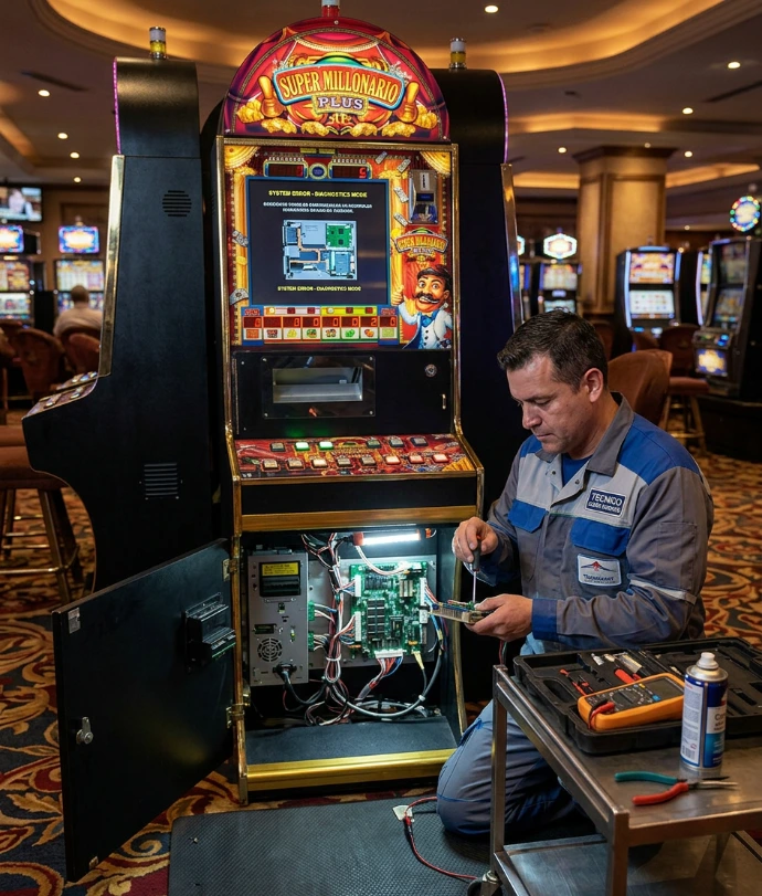 a technitian repairing an arcade machine